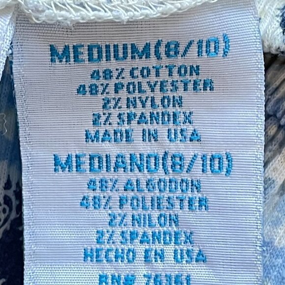 Announcements Maternity Stretch Top Peasant Style White with Blue Print - Picture 5 of 6